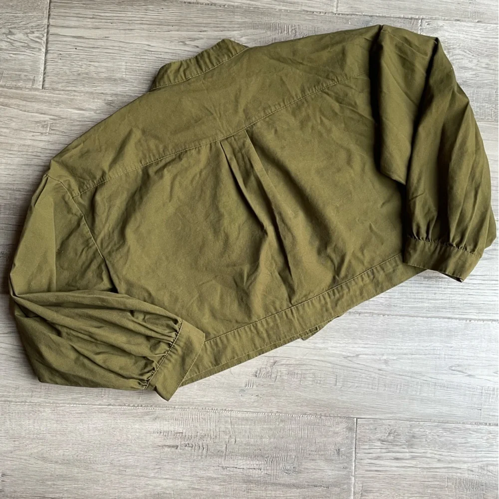 JustFab Canvas Cropped Jacket Balloon Sleeve Olive Green Boxy Cargo Like SZ XXL - Picture 2 of 16